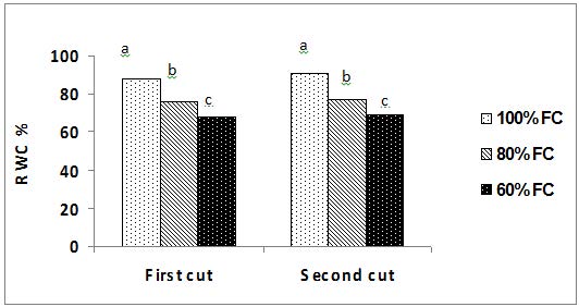 Effect of deficit irrigation treatments on relative water content (RWC %) of rosemary plant in the first and second cuts. Bars had different letters are significantly differ for each other according to Duncan multiple range test at P = 0.05.