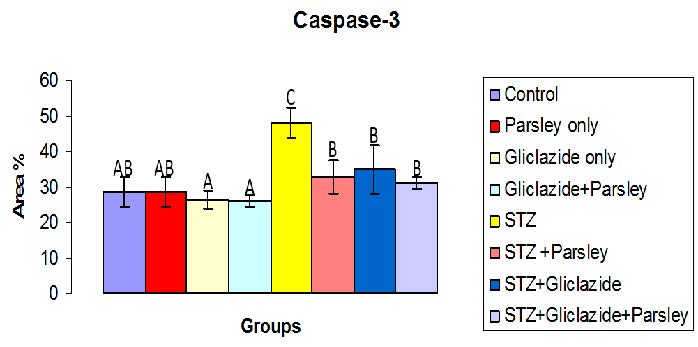 Immunohistochemical detection of caspase-3 expression in heart tissue of the tested groups. Each bar represents area % of caspase-3 immunopositivity/field (mean of 6 fields ± SE). The heart of different capital letters means significant differences between groups. ANOVA test followed by Duncanʼs multiple comparisons between groups at P < 0.05 were employed.