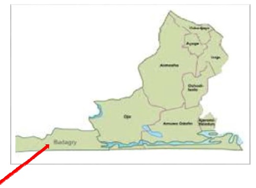 Maps of Lagos Sate (Local Government Areas) showing study area (Badagry Local Government Area, arrowed)