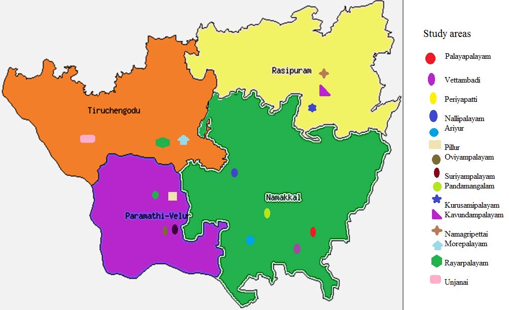 Study area map of Namakkal district, Tamil Nadu.