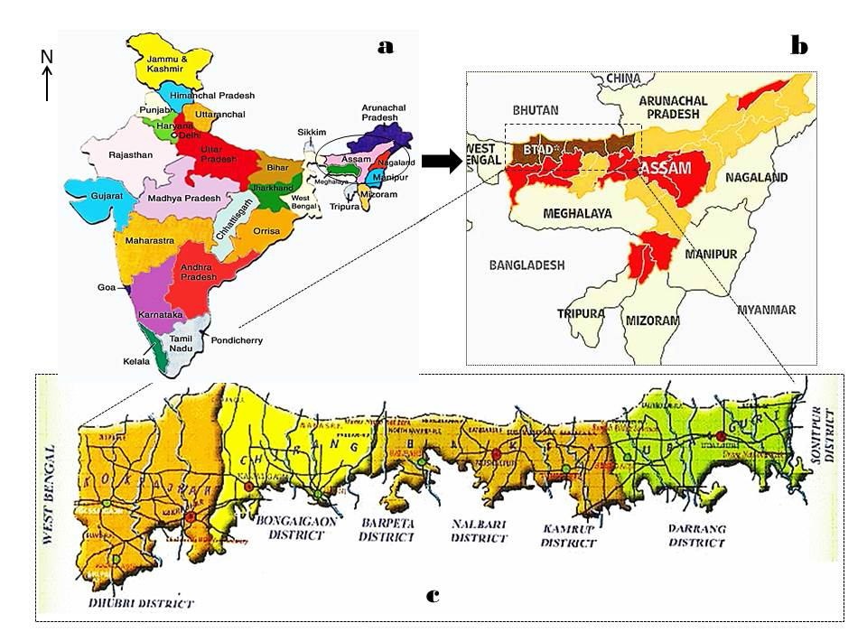 Showing the maps of a) India, b) NE region including the state of Assam and c) Bodoland Territorial Area Districts.